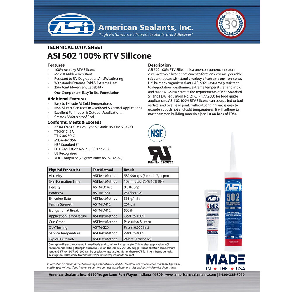 ASI 502 Black Food Grade 100% RTV Silicone Sealant – 2.8 Oz Squeeze Tube