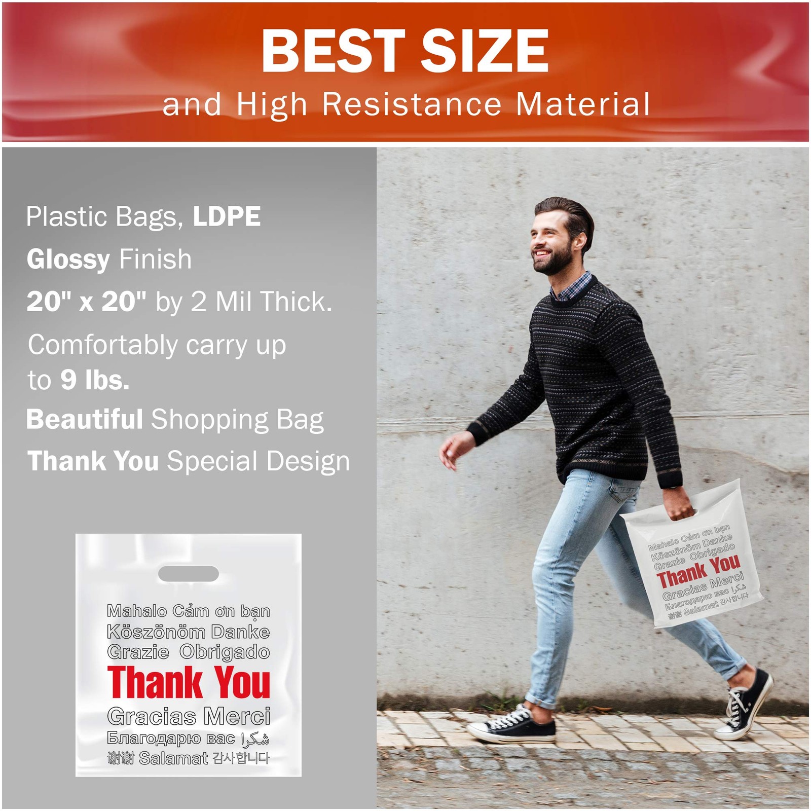 20×20 White Thank You Merchandise Bags, Multi-Language Design, Extra Large Si…