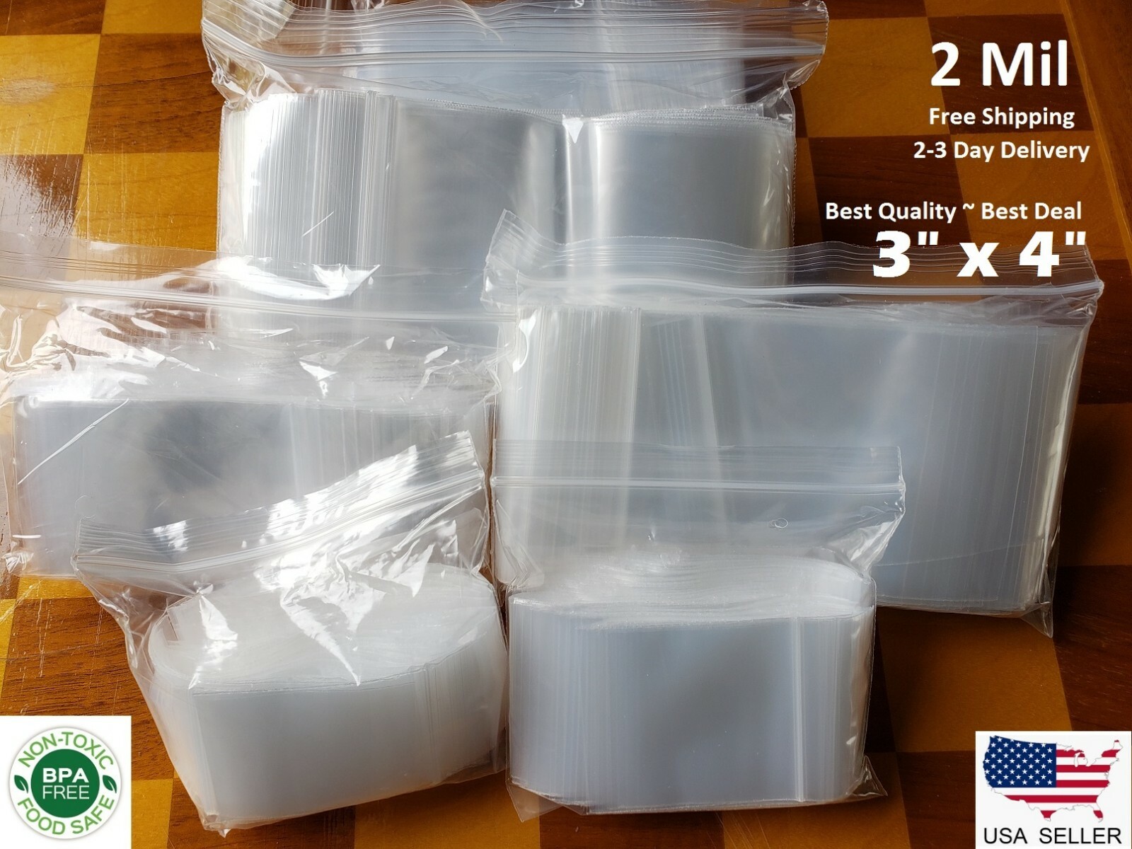 3″ x 4″ CLEAR 2 MIL ZIP SEAL BAGS POLY PLASTIC RECLOSABLE TOP SMALL LOCK BAGGIES