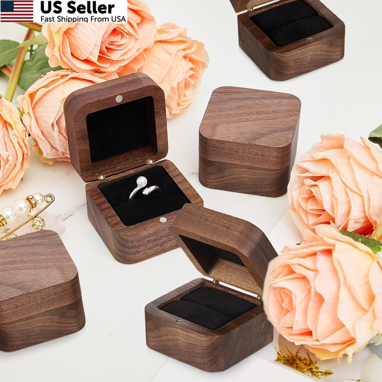 Loetere 6 Pcs Square Wooden Ring Boxes for Wedding Ceremony Mini Black