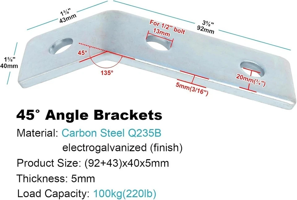 10 Pack 45 Degree Angle Bracket Fitting for 1-5/8″ Strut Channel, 3 Hole Corn…
