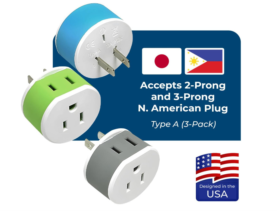 OREI Japan, Philippines Power Plug Adapter with 2 USA Inputs – Travel 3 Pack – T