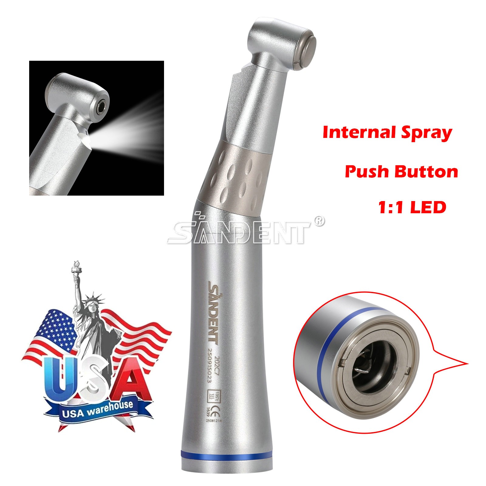 SANDENT Dental 1:1 LED Contra Angle Handpiece E-generator Push button Inner dt