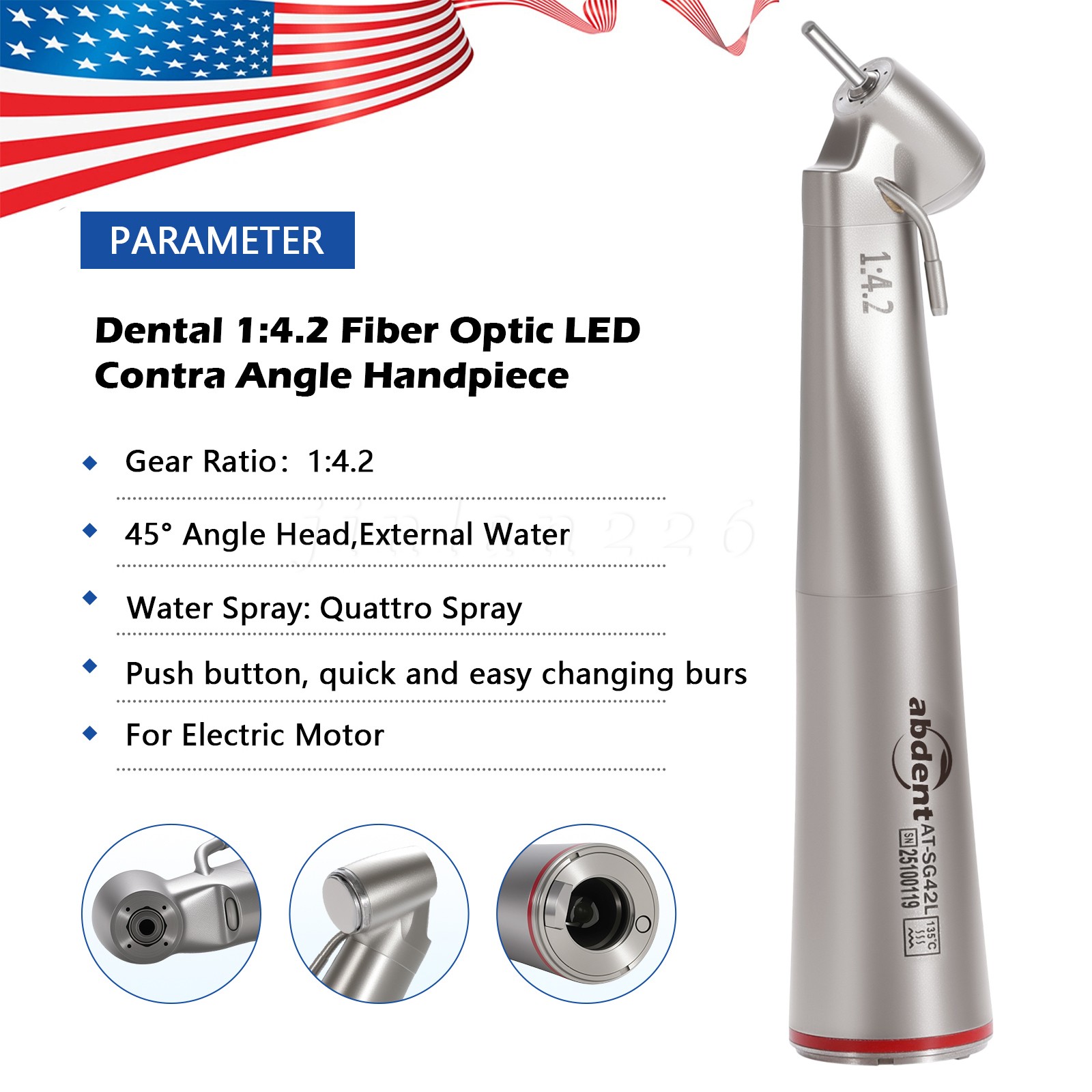 Dental Optic Fiber LED 1:4.2 Increasing Handpiece 45°Angle Head External Channel