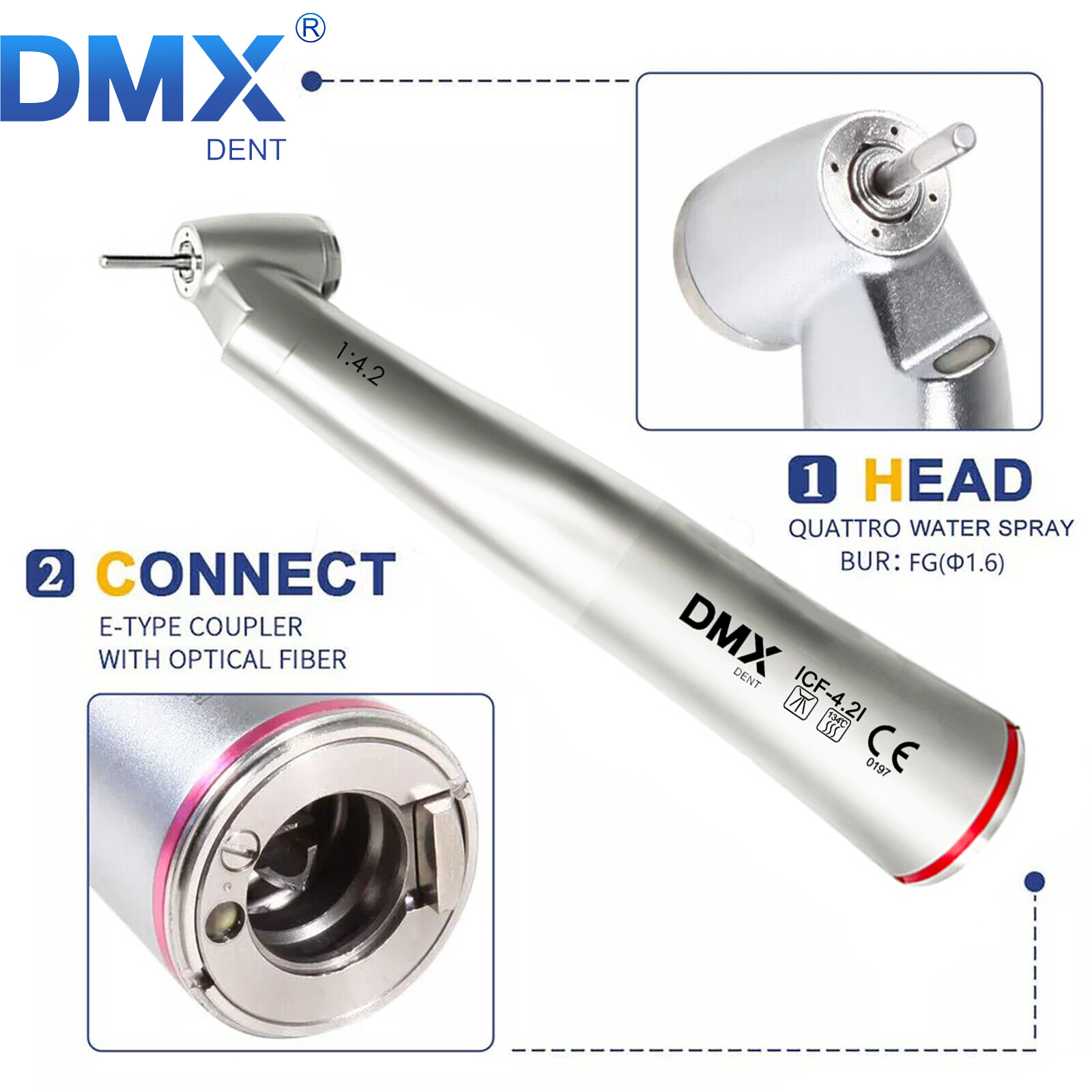 DMXDENT Dental 1:1/1:4.2 /1:5 Contra Angle Fiber Optic LED Low Speed Handpiece