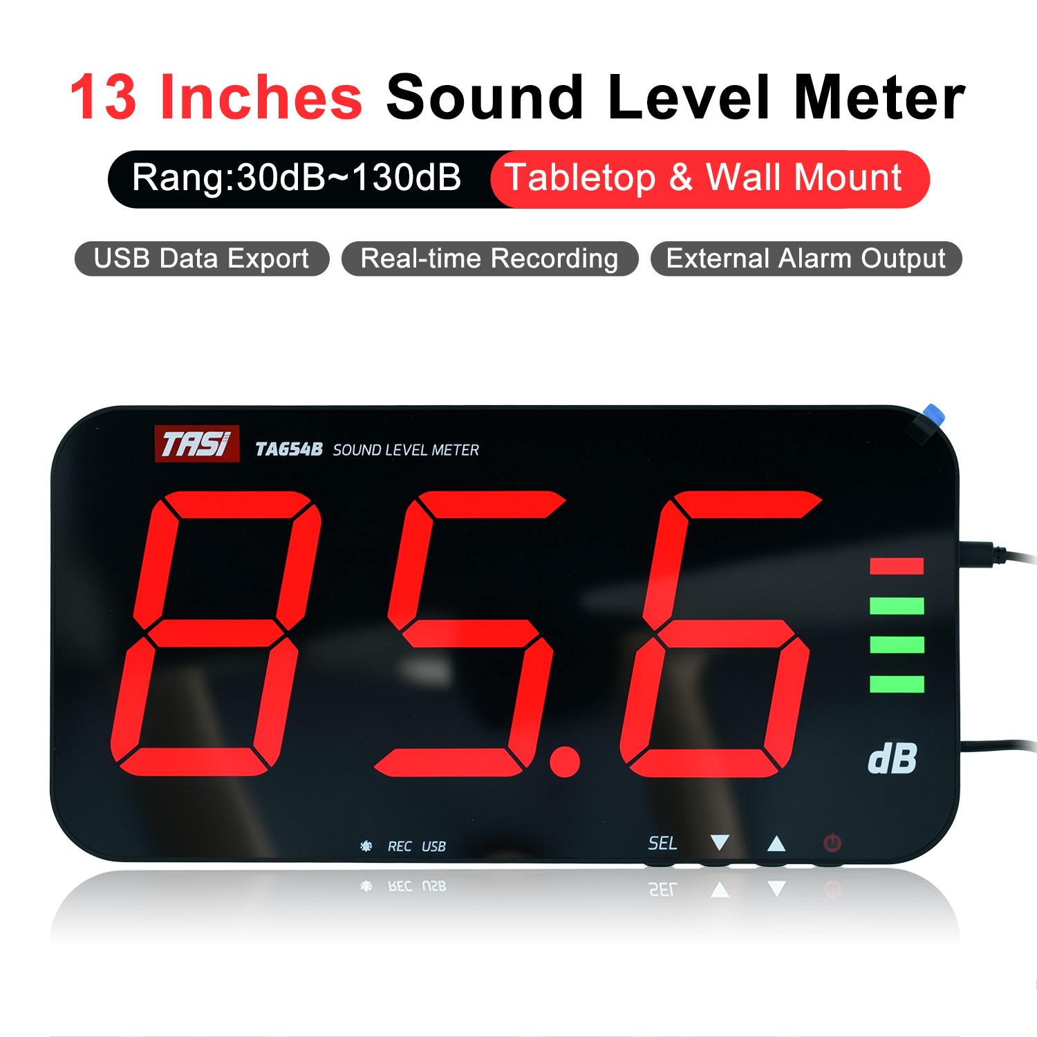 Sound Level Meter Decibel Meter 30-130dB Wall Mount Data Logging Alarm 13″ Large