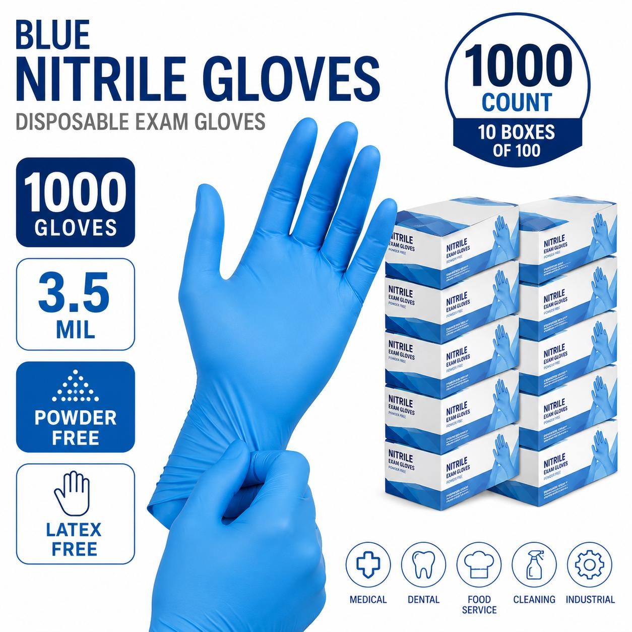 Blue Nitrile Gloves 3.5 Mil Powder Free Latex Free Exam Gloves 1000 Count