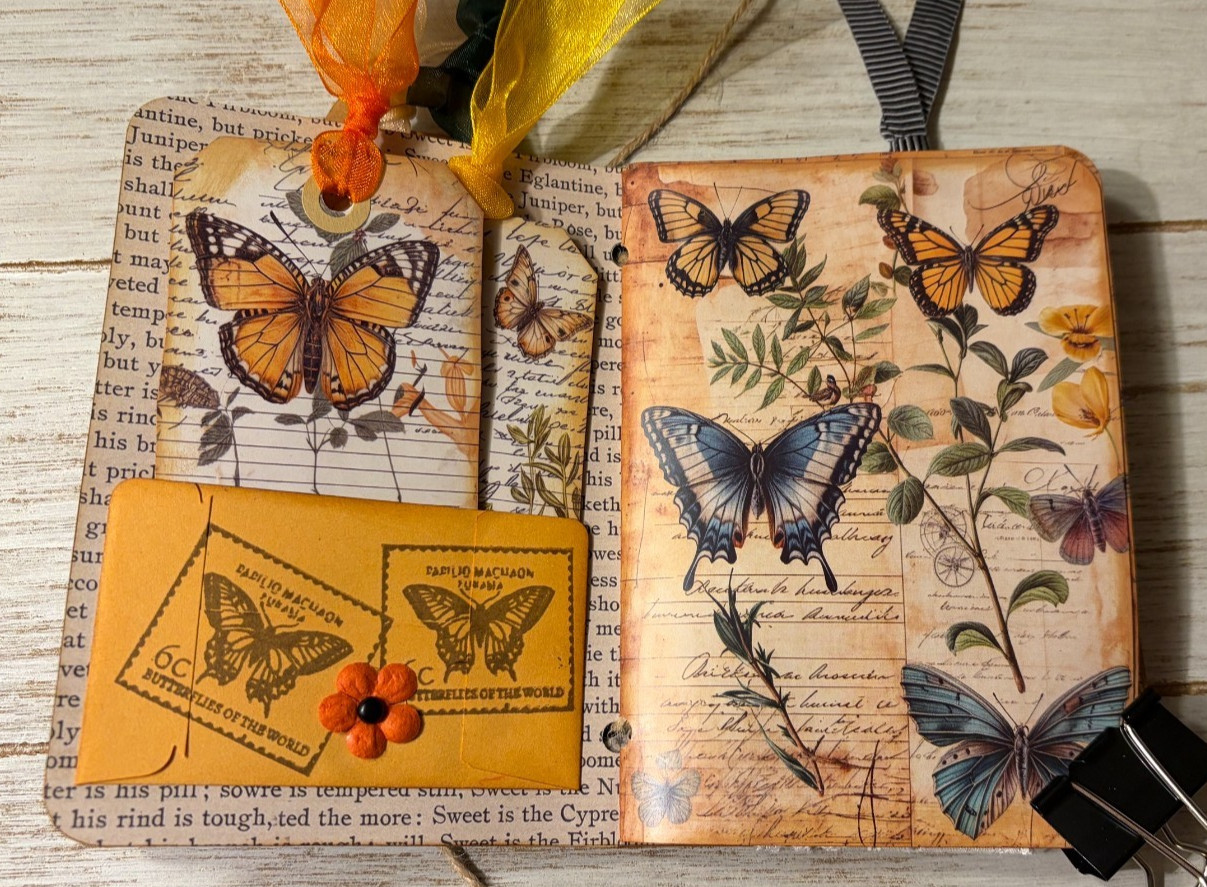 Junk Journal Handmade Booklet Book Vintage “Nature Butterfly” Pockets, Ephemera