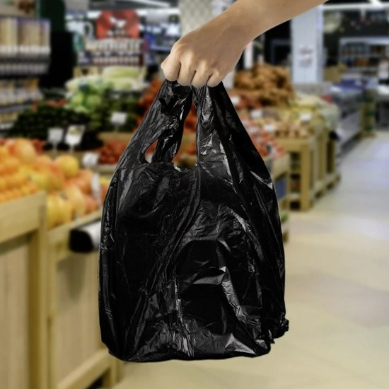 1/6 Black Plastic Shopping Bags, Grocery Bags 11x6x21 Reusable Carry Out Bags