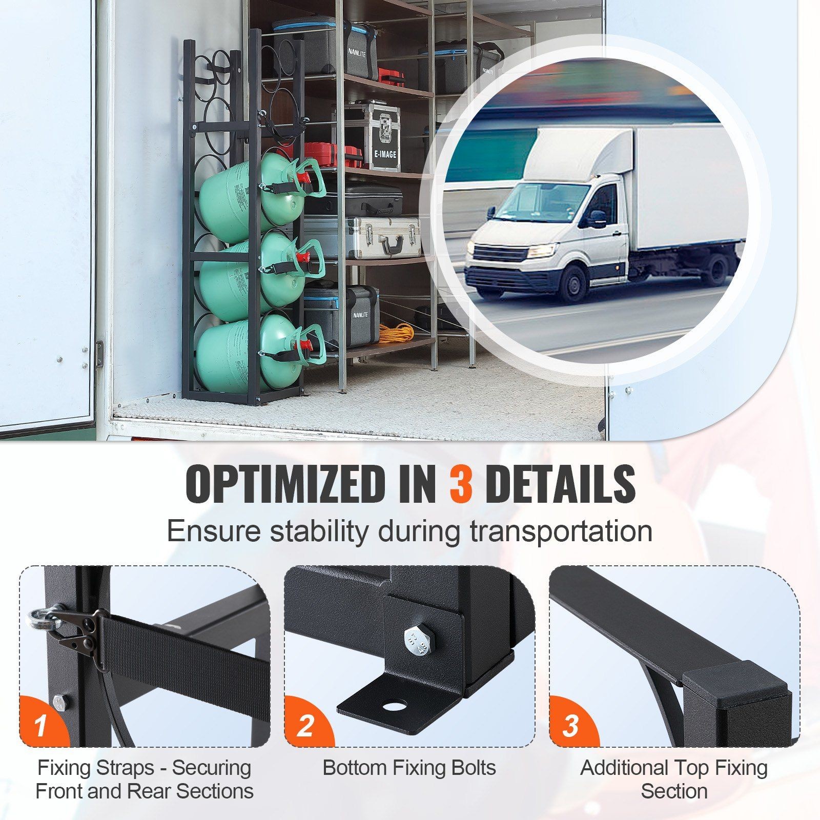 3-Shelf Refrigerant Cylinder Rack 12.79×12.99×47.12in 3x30lb + 3xSmall
