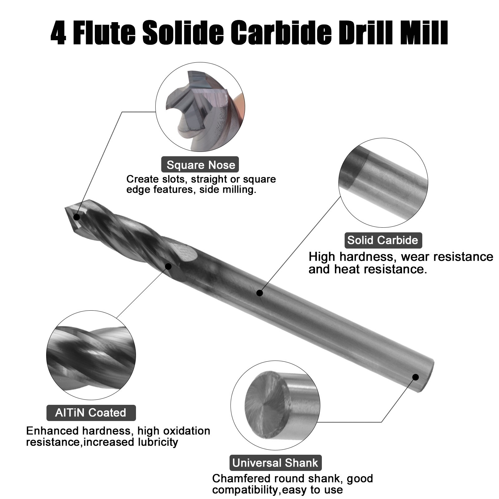 5Pcs 4 Flute 90 Degree 3/16″ x 5/8 “x 2” Solid Carbide Drill Mill – AlTiN Coated