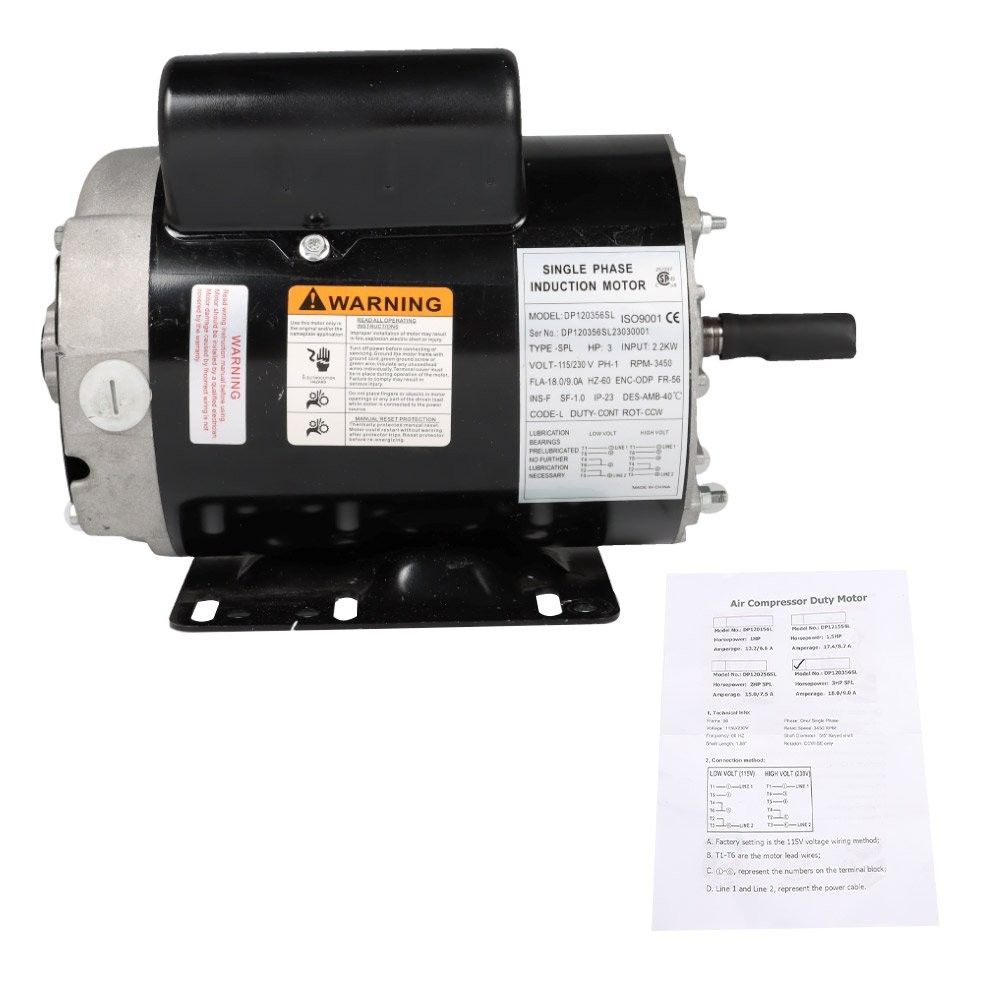 3 HP 3450 RPM SPL Electric Motor Compressor Duty 56 Frame 1 Phase 115/230V New
