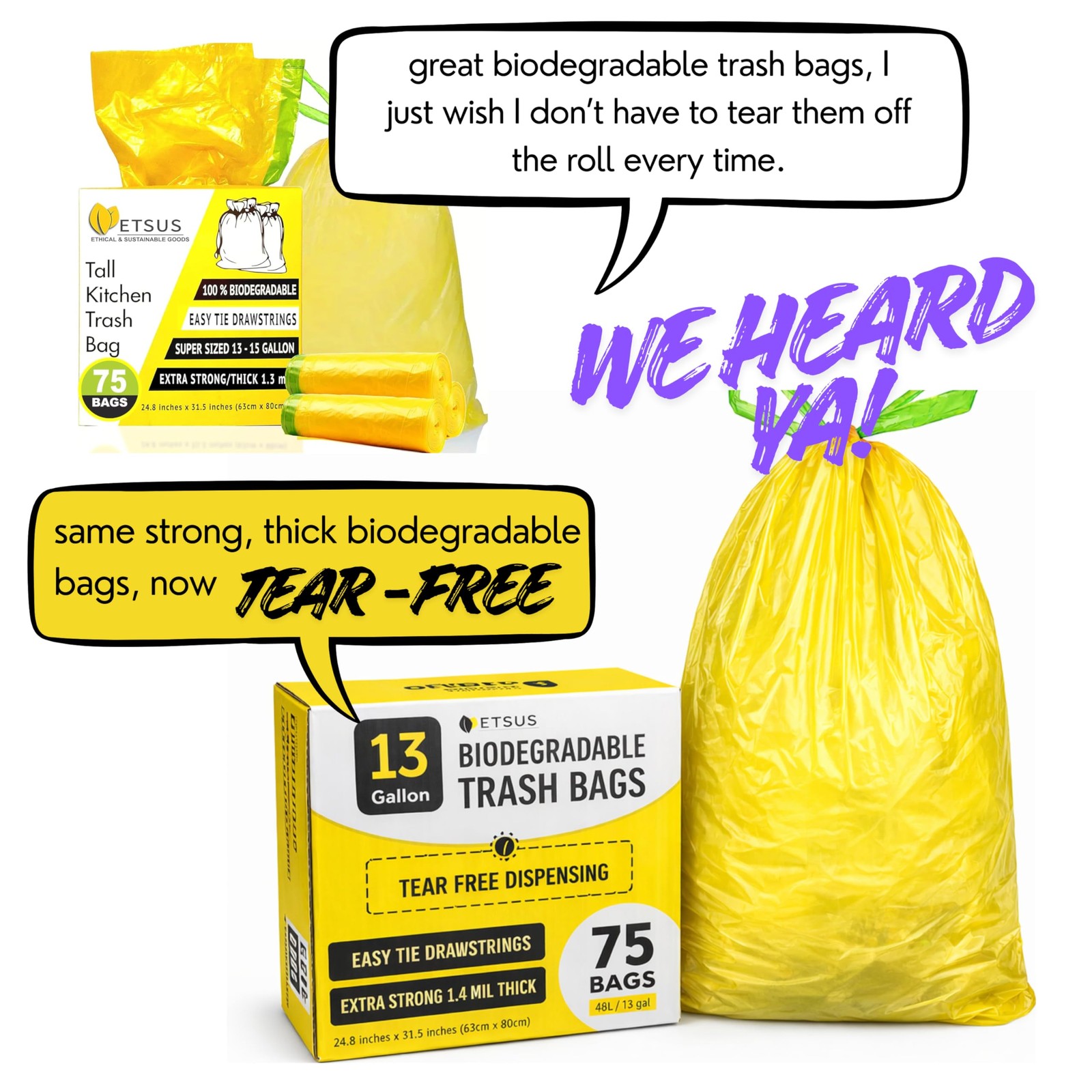 Etsus 13 Gallon Biodegradable Trash Bags Drawstring 75 Count 1.4 Mil Thick