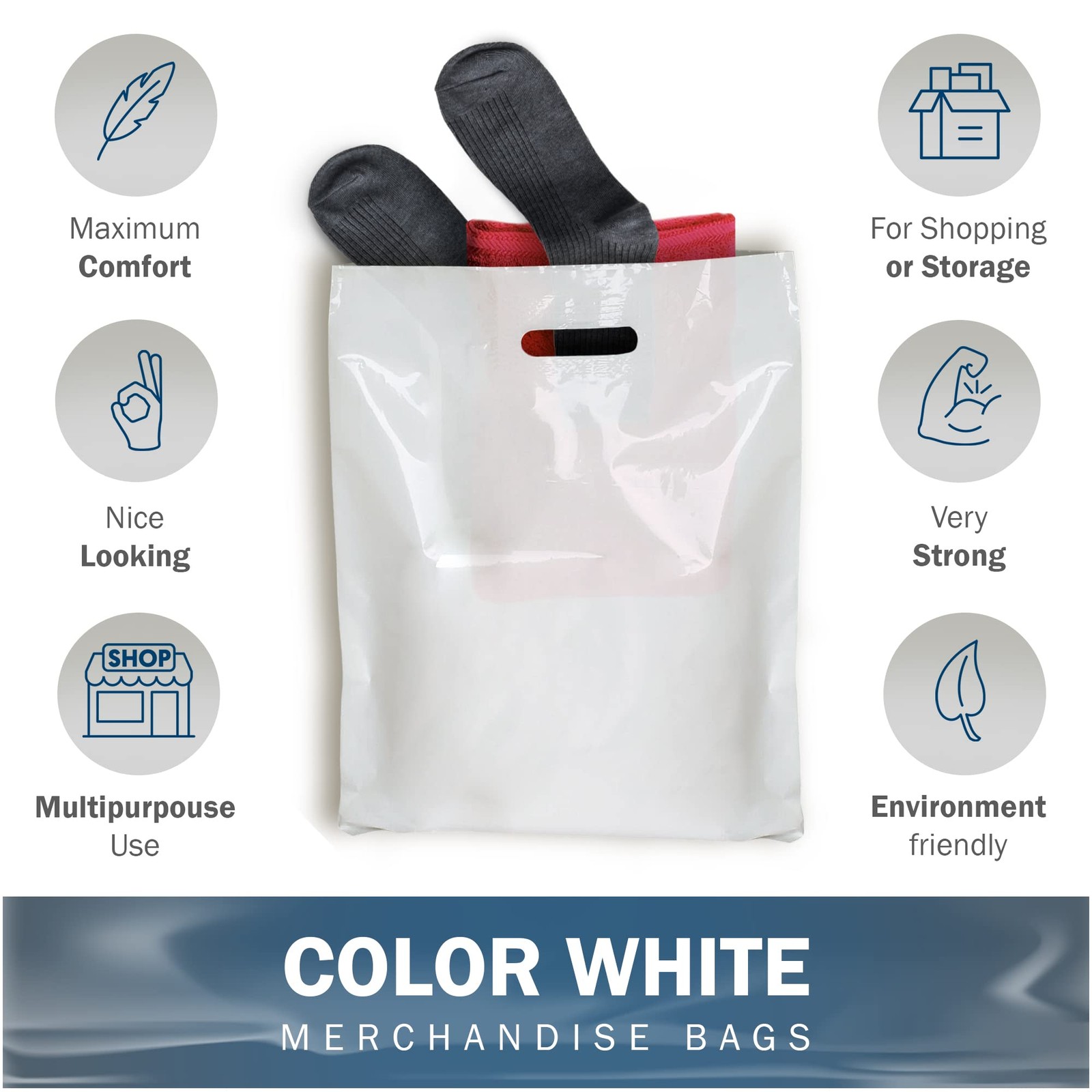 Extra Large White Merchandise Bags – Glossy Plastic Perfect for Retail – 100 Pac