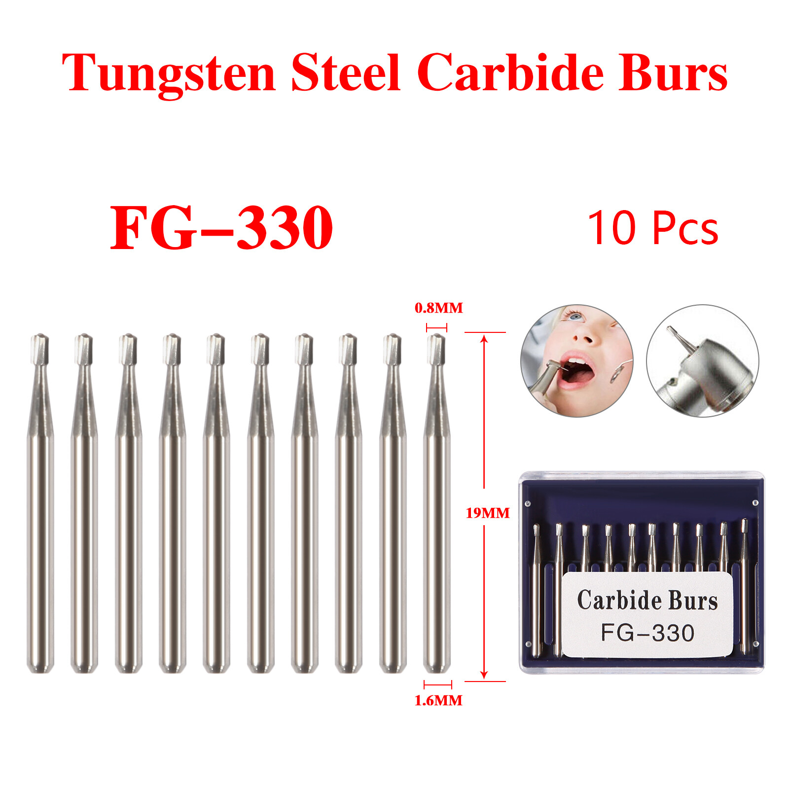 FG # 330 Dental Carbide 19mm Burs (100pcs=10 Packs)