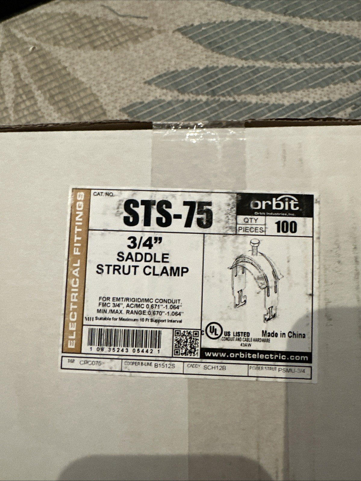 Box Of 100 Orbit STS-75 3/4″ Saddle Strut Clamp For Emt Rigid Imc Conduit New