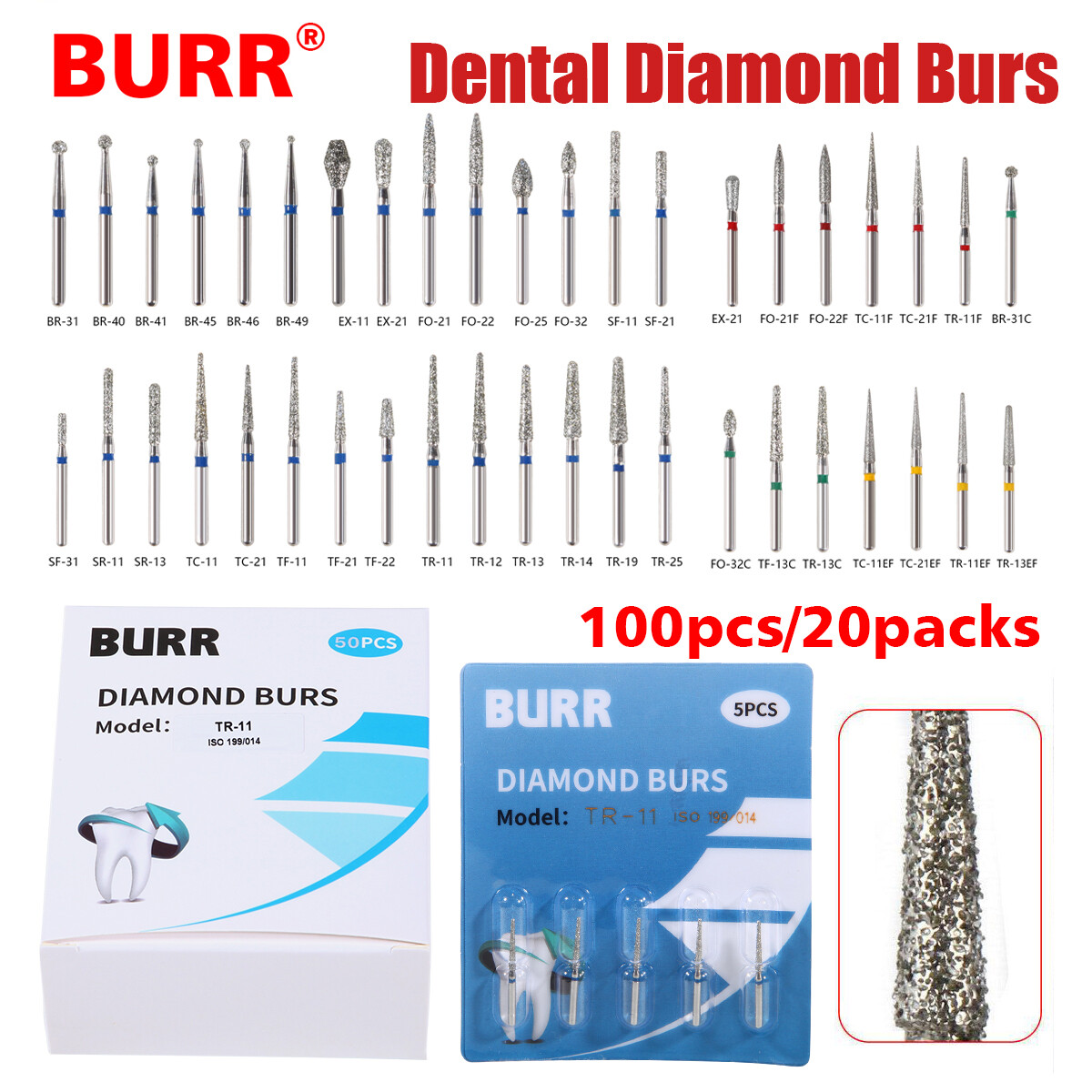 BURR Dental FG 1.60mm Diamond Burs For High Speed Handpiece Friction Grip Ir