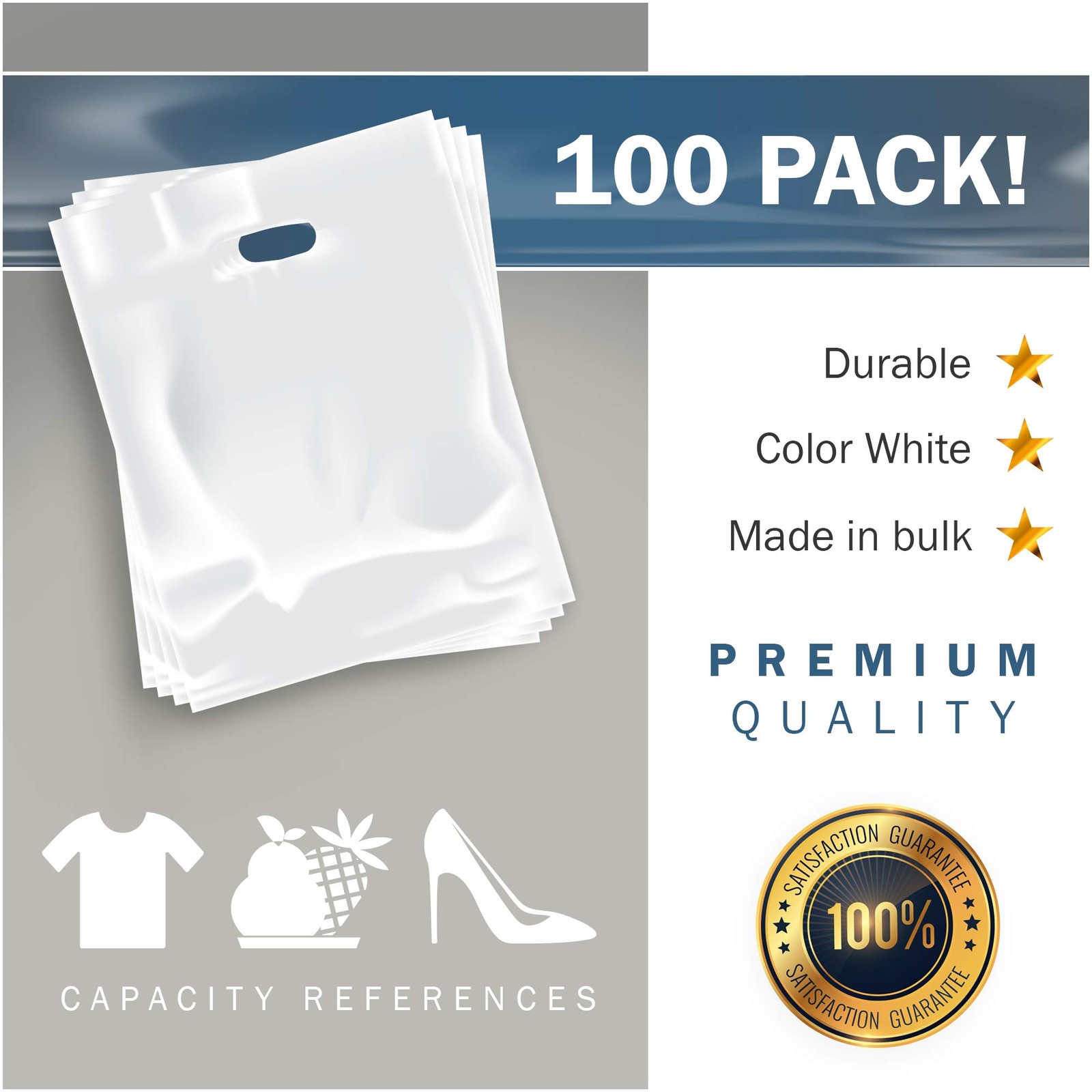 Extra Large White Merchandise Bags – Glossy Plastic Perfect for Retail – 100 Pac