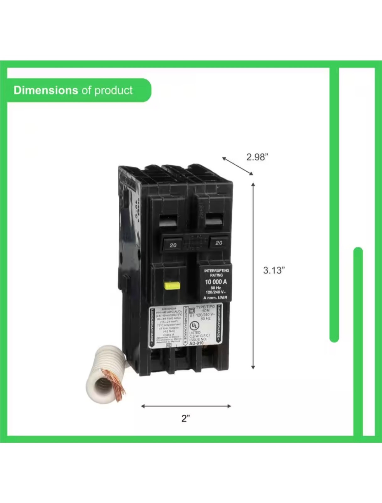 Square D Homeline HOM220GFIC 20 Amp 2-Pole GFCI Circuit Breaker