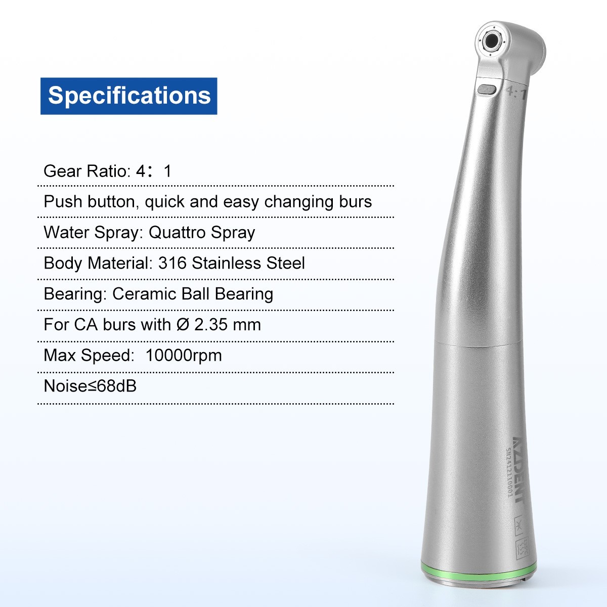 AZDENT Dental E-Type 4:1 Fiber Optic LED Endo & Prophy Contra Angle Handpiece