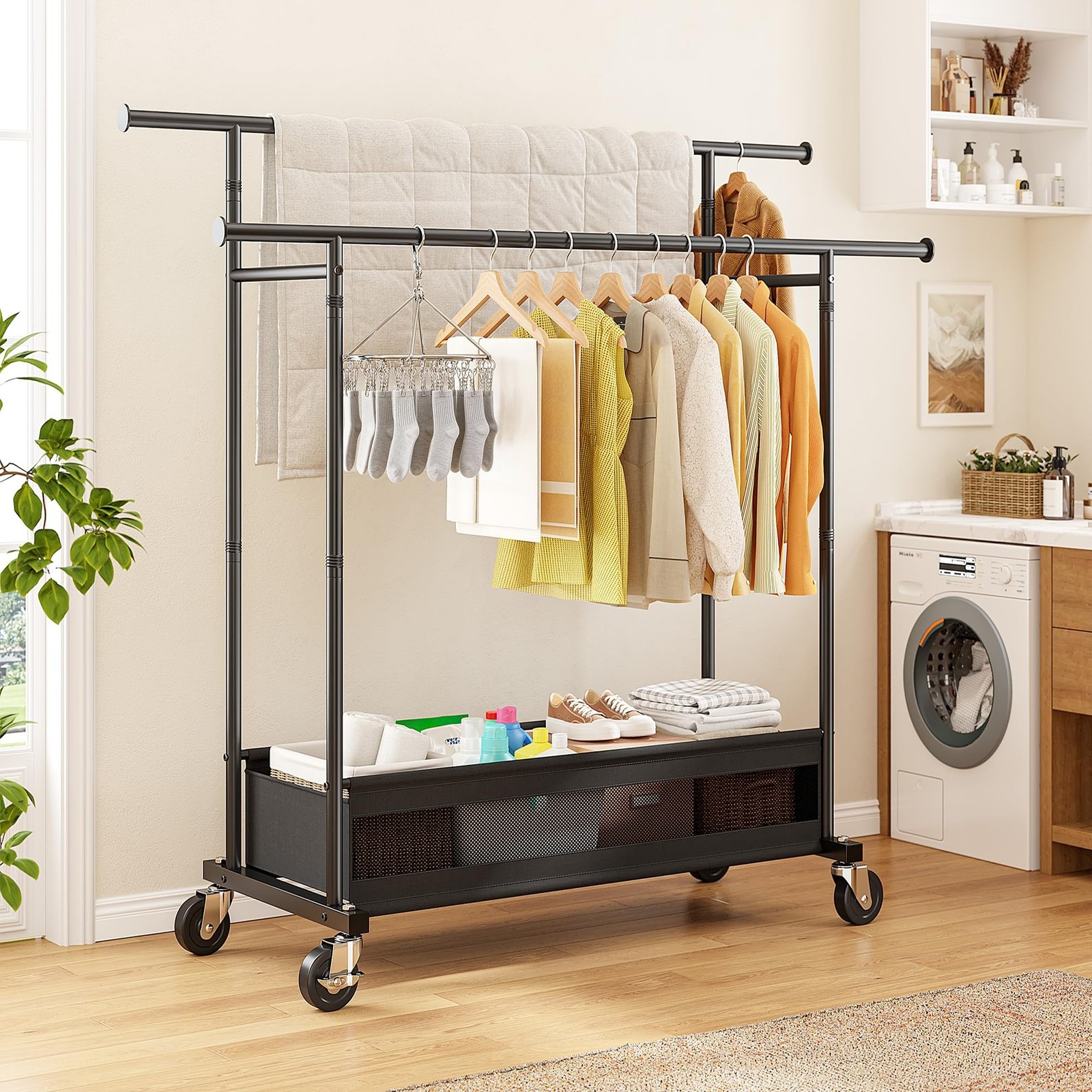 Clothes Rack, Double Rod, 210 LBS, Storage Basket, Black | Rolling Garment Ra…