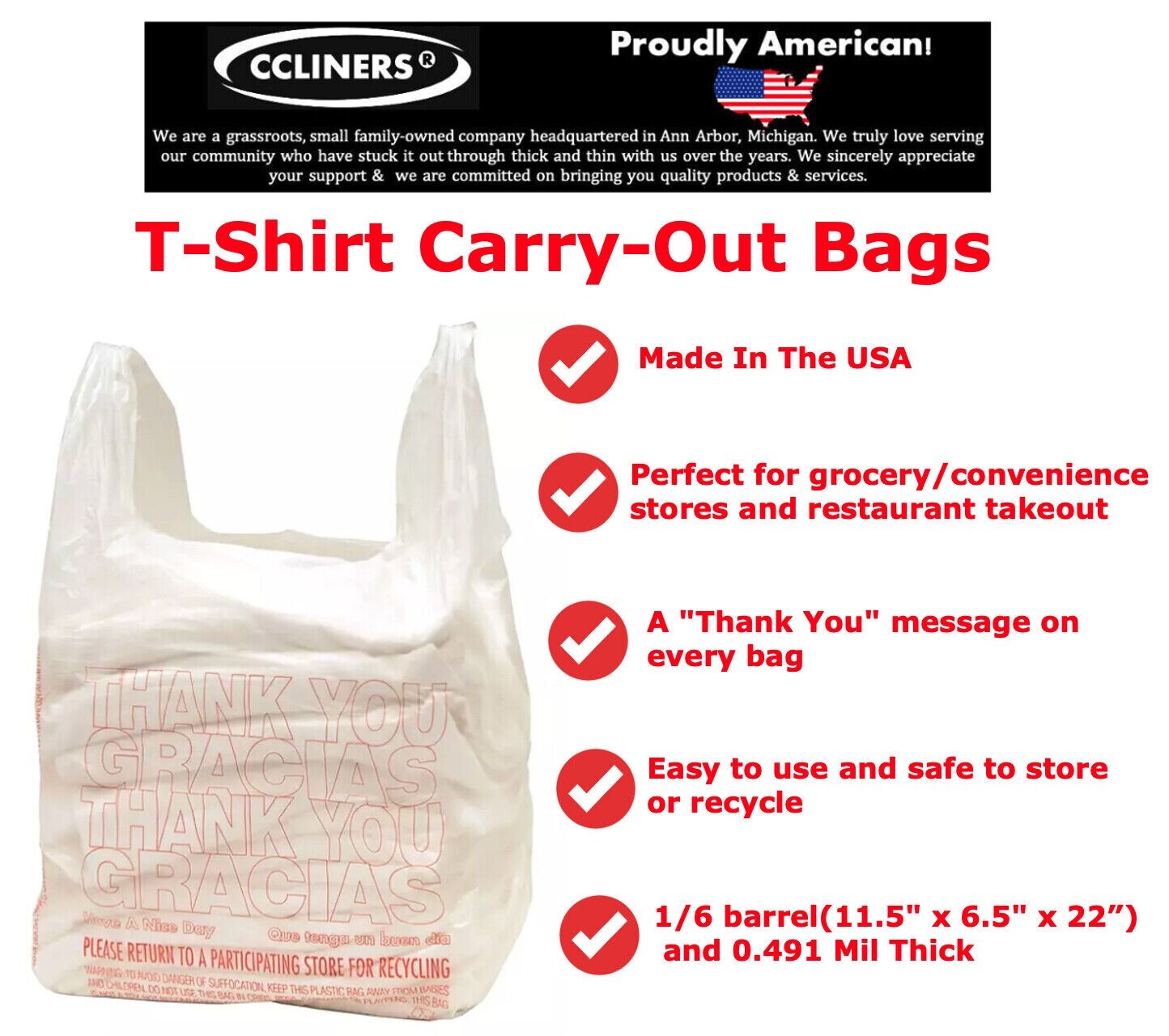 T-Shirt Carry-Out Bags Thank You Gracias Bags 11.5″ x 6.5″ x 22″ (1,000 ct.)