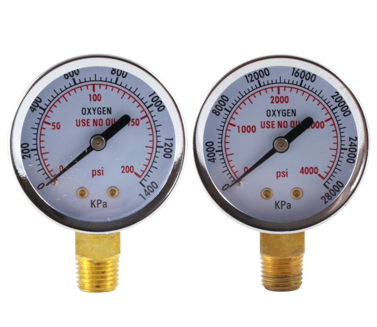 Low and High Pressure Gauges for Oxygen Regulator – 2 inches – 1/4″ NPT (PAIR)