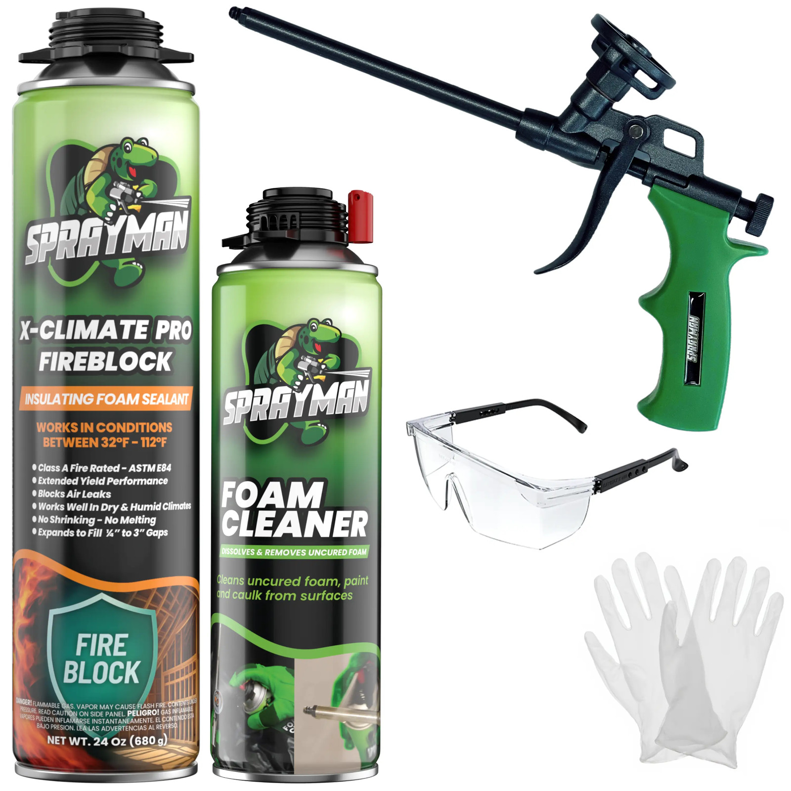 Sprayman X-Climate Pro Fire Block Foam Sealant 24oz 660g, 1 Pack – Gun Incl. Set