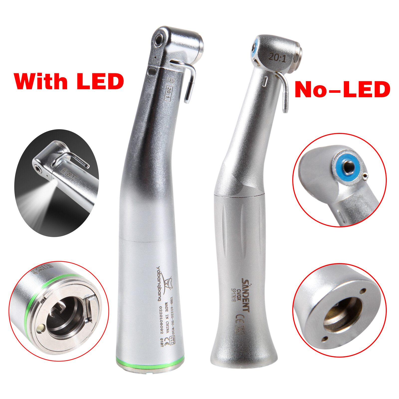Dental Implant Handpiece 20:1 Reduction Contra Angle Fiber Optic LED/No LED