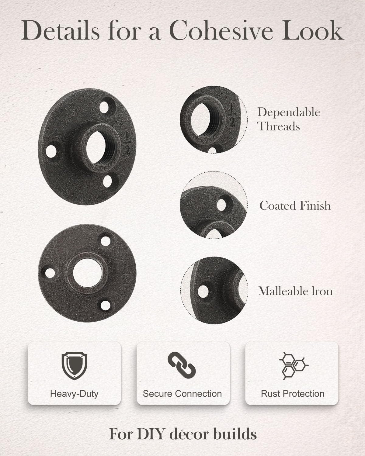 20 Pack 1/2 Inches Malleable Cast Iron Pipe Flange, Industrial Pipe Flanges for