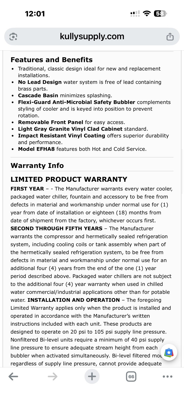 Elkay EFHA8L1Z 7.6 GPH Floor Mount with hot water tap open box never used