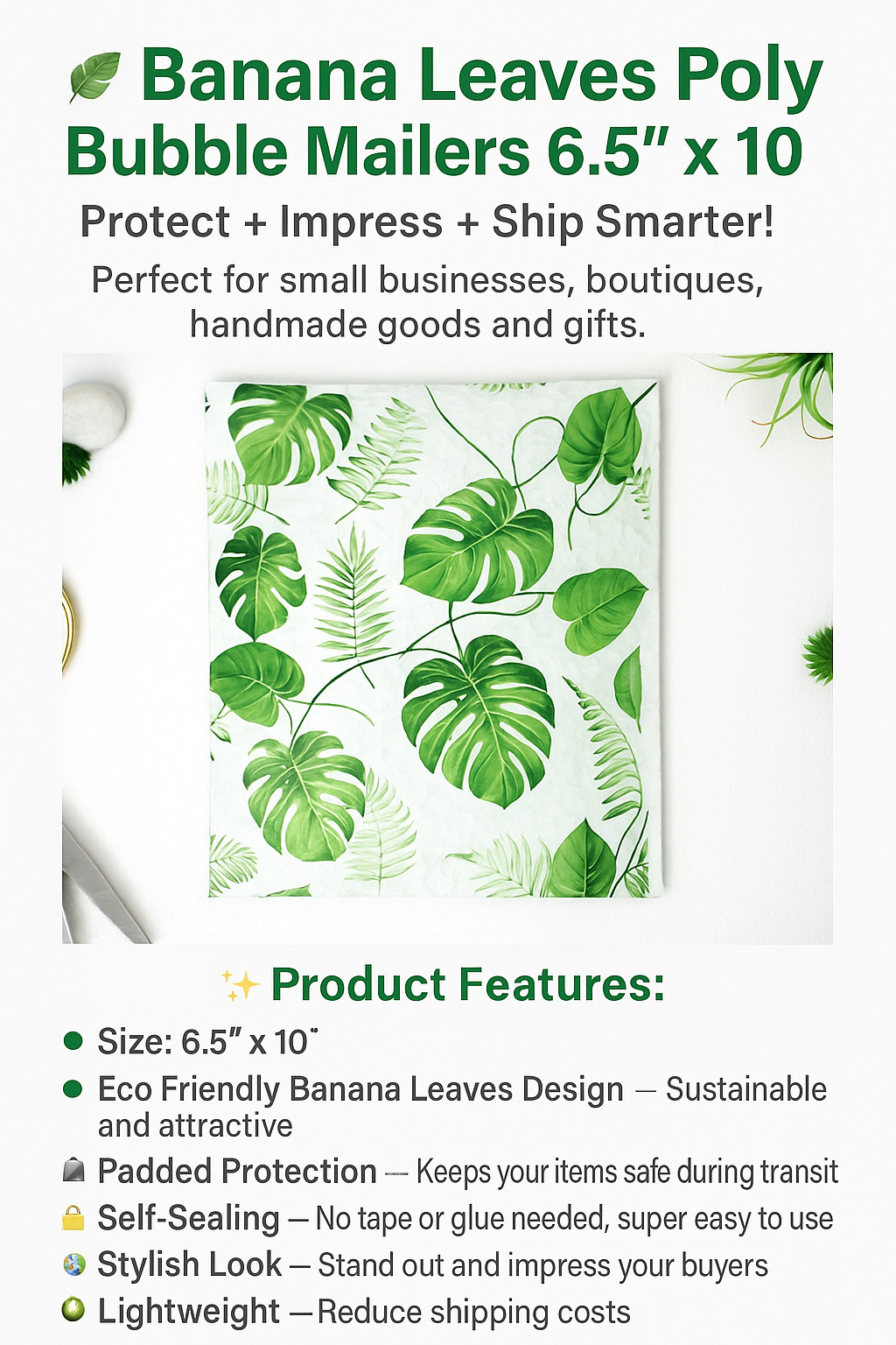 Banana Leaves Poly Bubble Mailers 6.5×10 | Padded Shipping Envelopes Self Seal