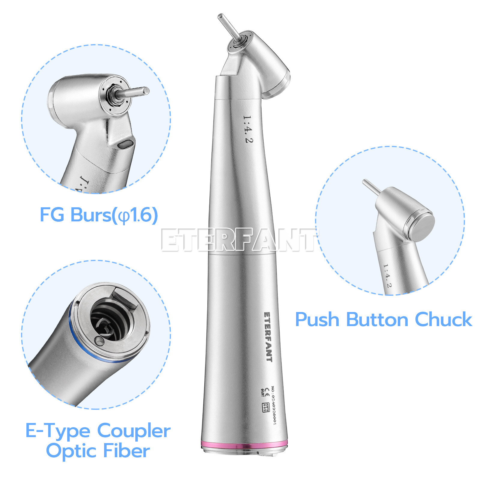 ETERFANT Dental 1:1 /1:4.2 Optic Fiber LED Contra Angle Straight Nose Handpiece