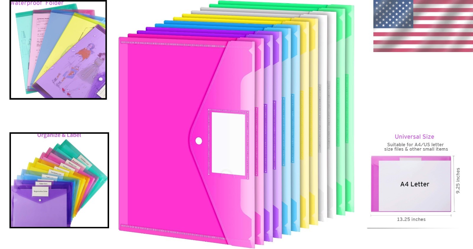 12 Eco-Friendly Plastic Folders with Colorful Snap Closure and Labeling Pockets