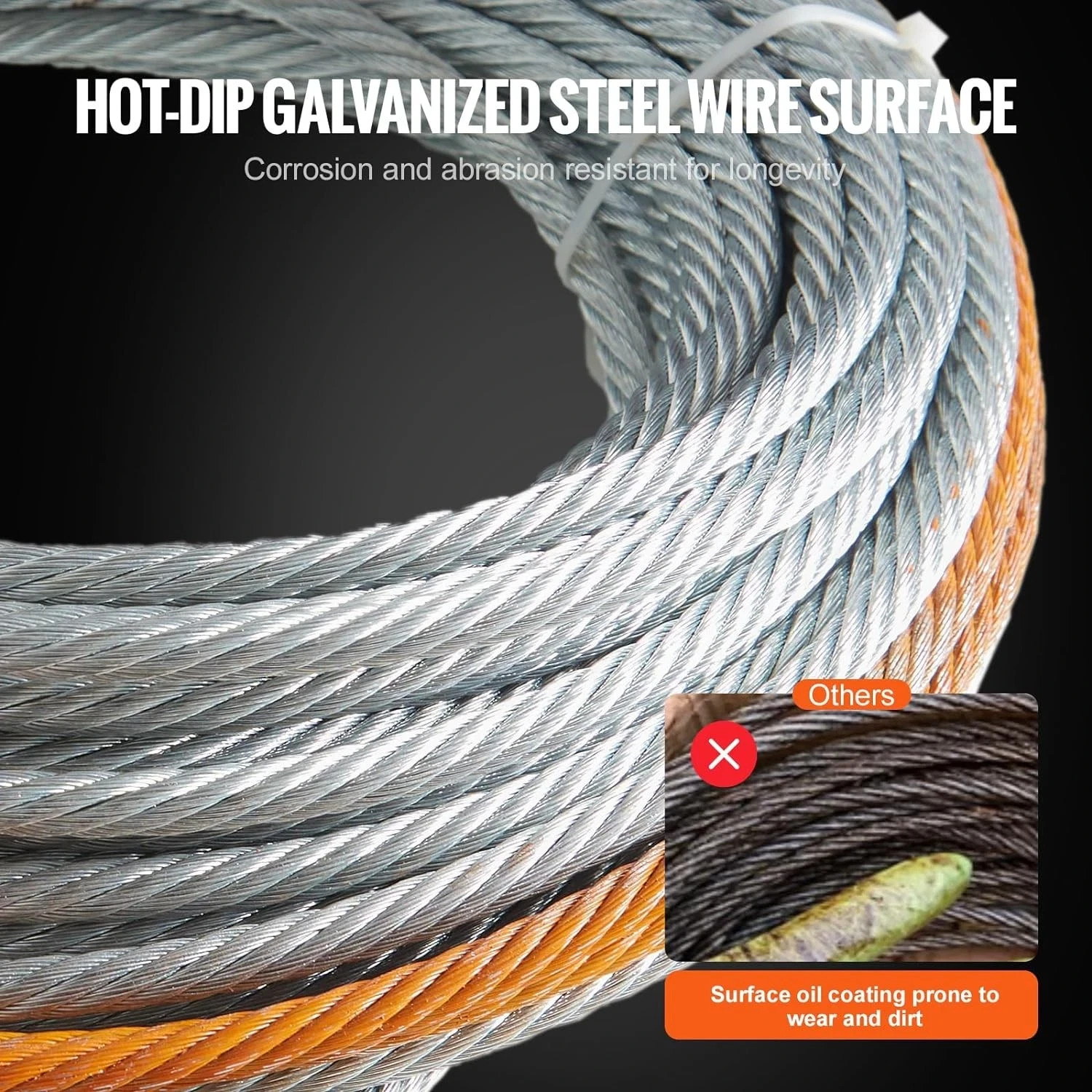 Galvanized Steel Winch Cable, 3/8 Inch X 50 Feet 15,200 Lbs Breaking Strength, W