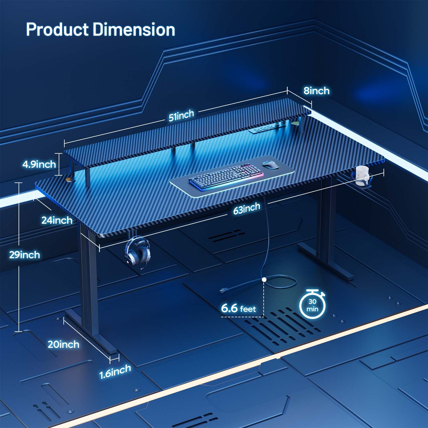Gaming Desk with LED Lights & Power Outlet, Gamer Desk with Monitor Stand