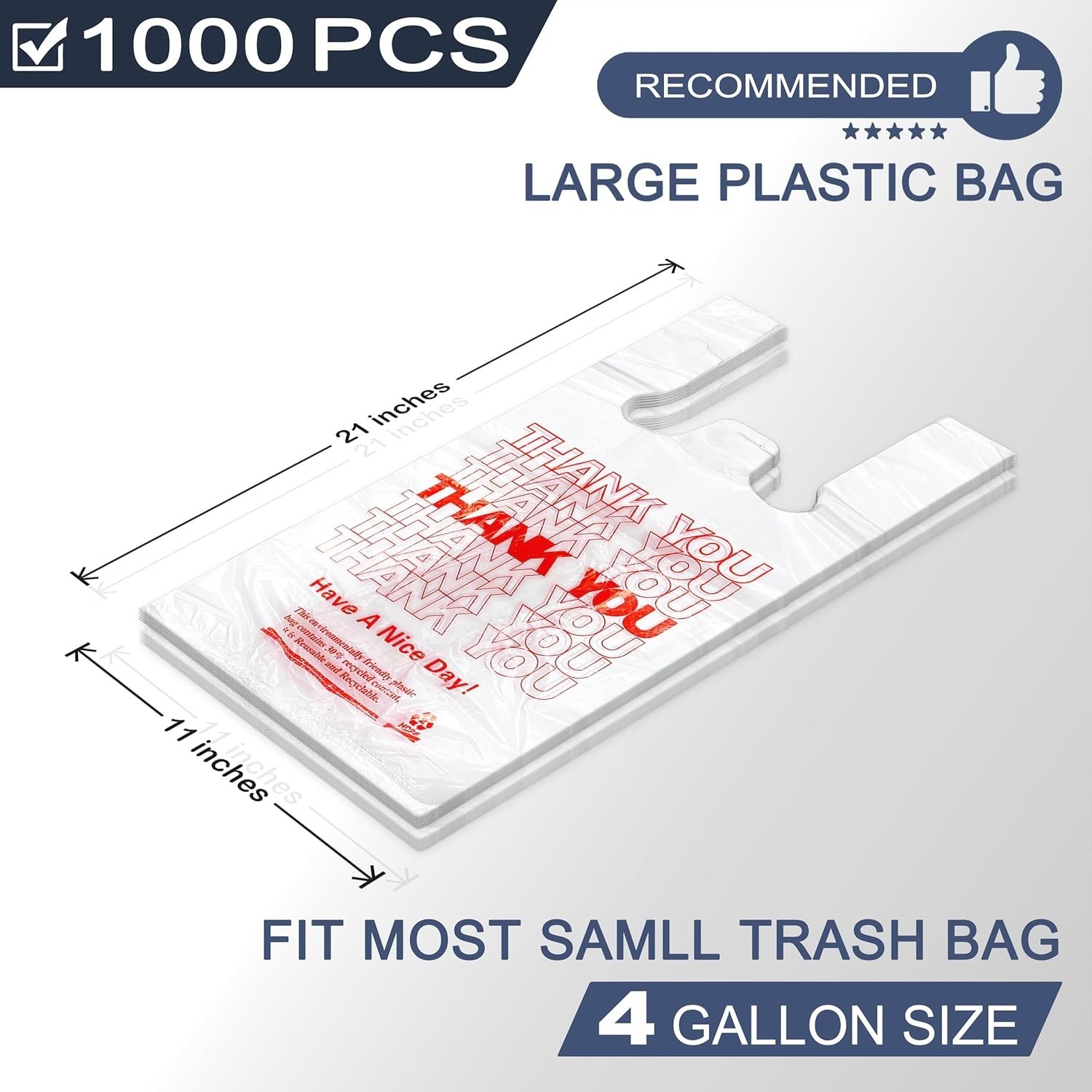 1000 Pack White Thank You T-Shirt Bags with Handles, 11″x6″x21″ Plastic Shopp…