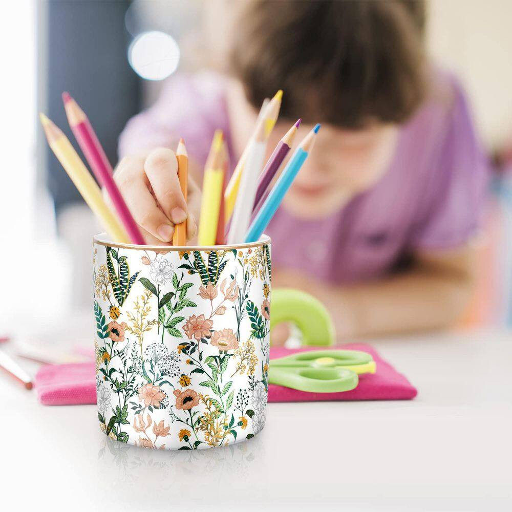 1 Piece White Flower Ceramic Pen Holder Cup, Large Capacity Desk Organizer for P