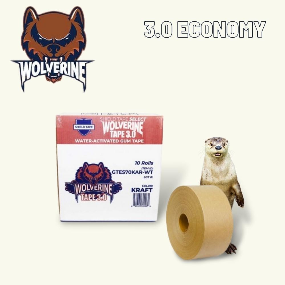 5 Rolls Kraft Reinforced Gum Tape 70mm x 450′ Wolverine Tape 3.0 [5.5 Mil]