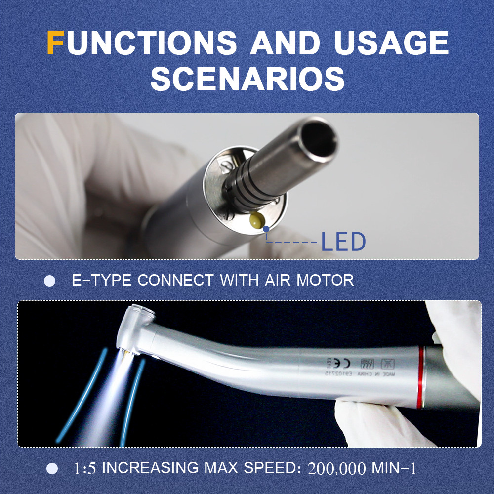 Dental Electric Micro Motor LED 1:5 Red Contra Angle Handpiece Fiber Optic Kit