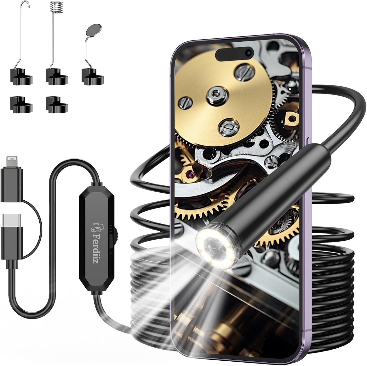 Endoscope Camera with Light, 1920P HD Borescope Camera with 8 LED Lights 16.4ft