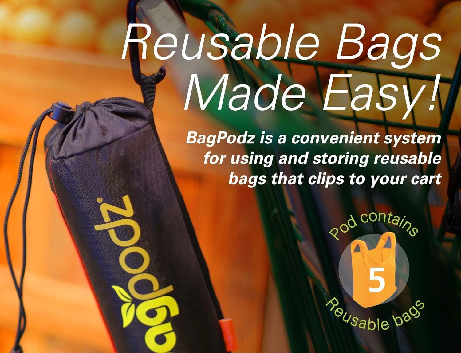 BagPodz Sturdy Reusable Grocery Bags Foldable and 5-Pack, Orange – 5