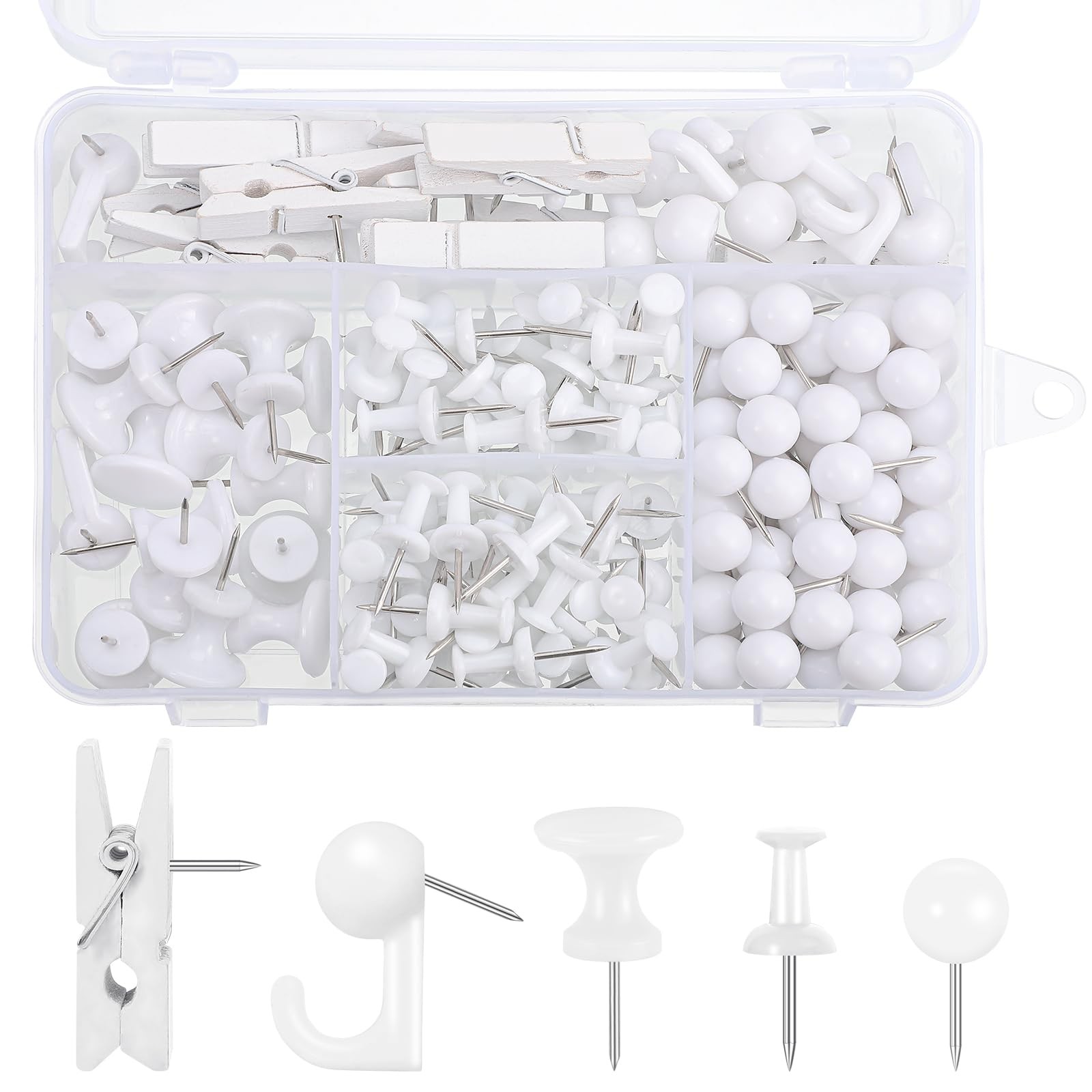 BESARME 200 Pieces Push Pins Set, 5 Types White Thumb Tacks Cute Decorative P…