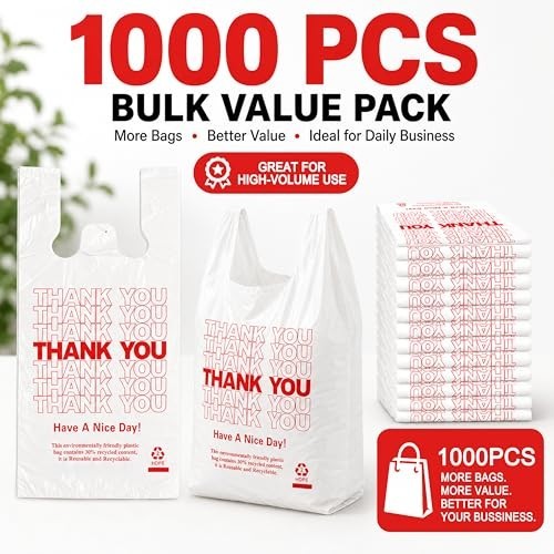1000 Pack White Thank You T-Shirt Bags with Handles – 11″x6″x21″ Plastic Grocery