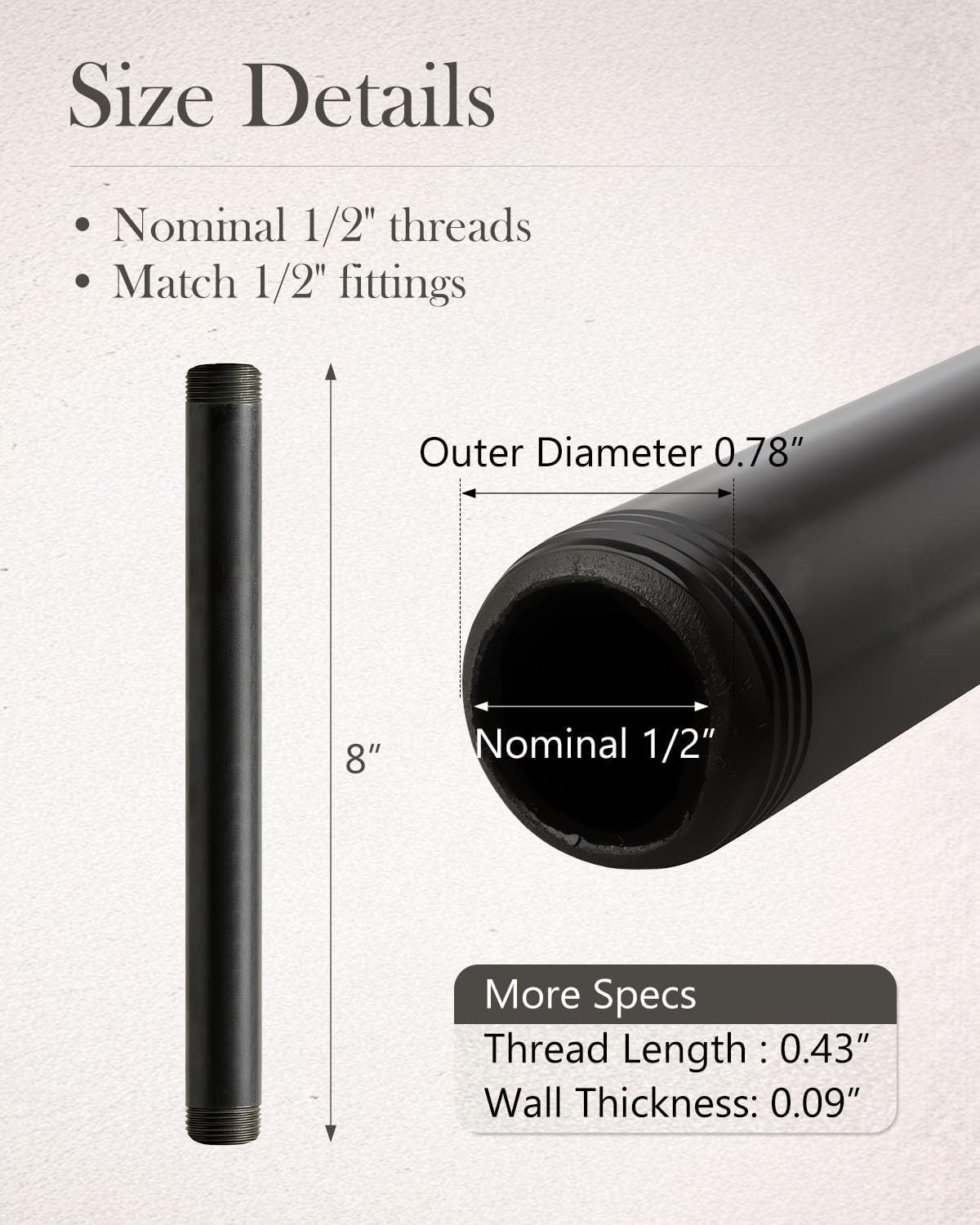 10 Pack 1/2 Inches X 8 Inches Black Malleable Steel Nipples Fitting