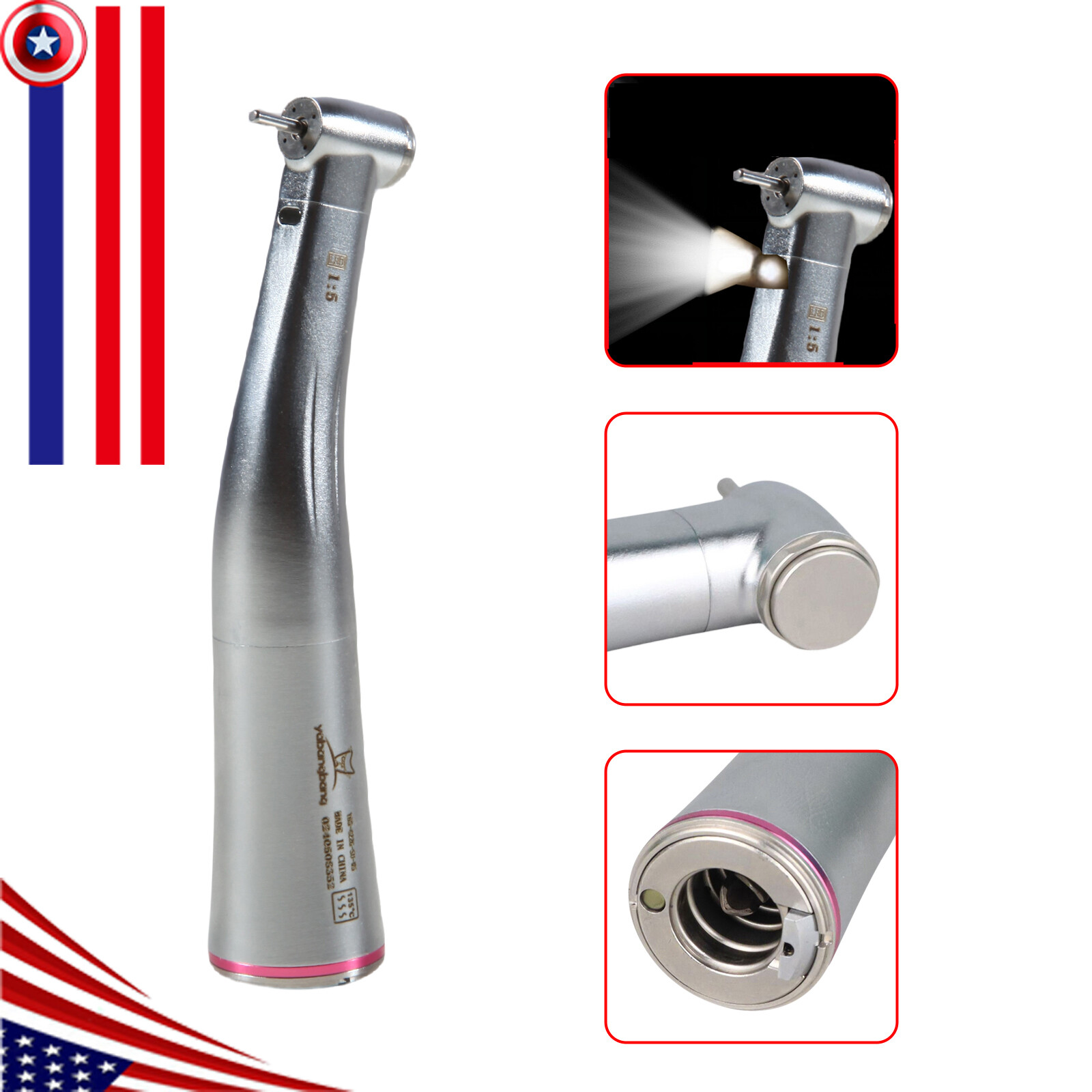 NSK Ti-MAX X95L Style Dental 1:5 LED Fiber Optic Contra Angle Handpiece Red Ring