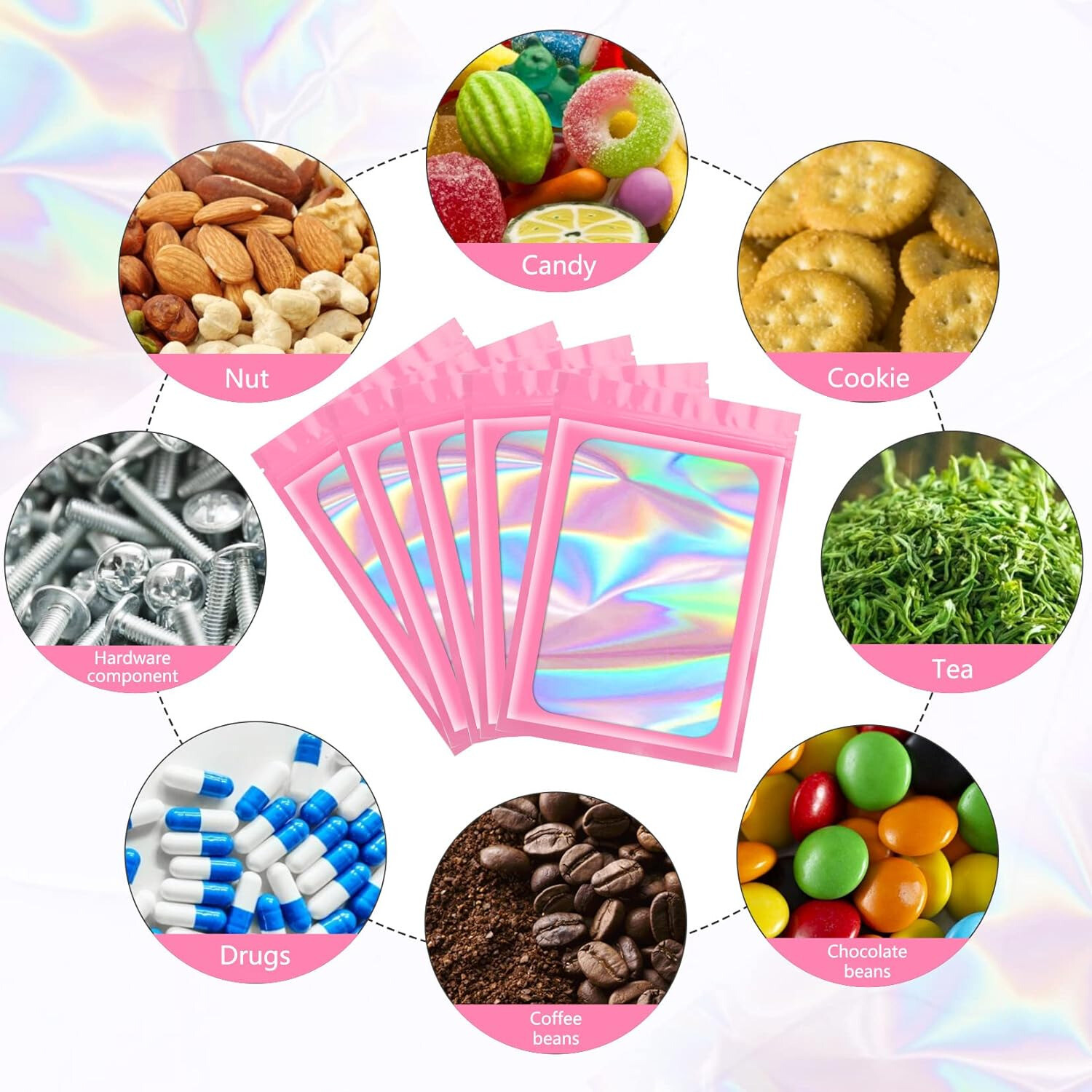 100-400Pcs Holographic Mylar Foil Bags Smell Proof Resealable Zip Seal Pouches