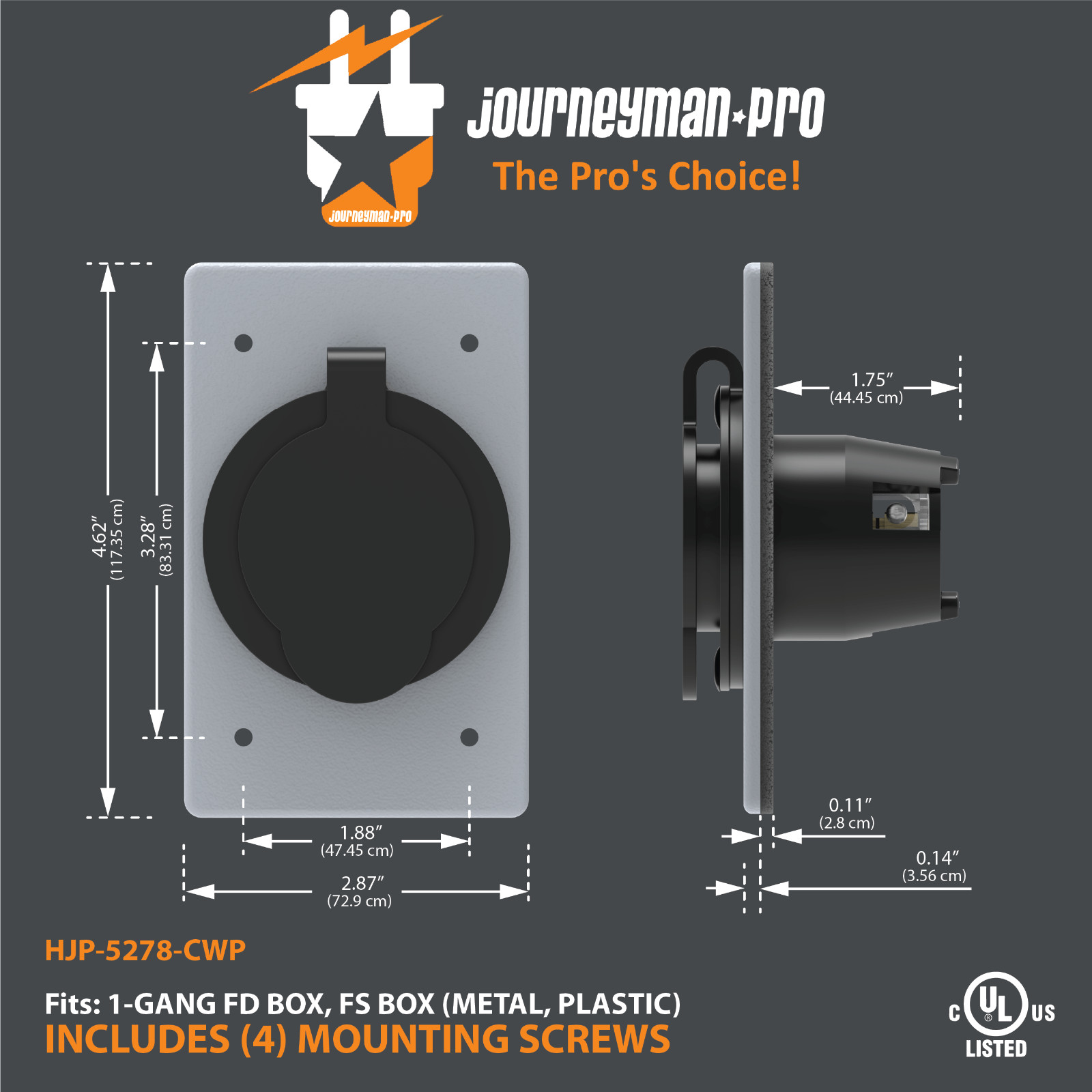 Journeyman-Pro 5278-CWP Straight Blade Power Inlet Receptacle, 15A 110 120 125 V