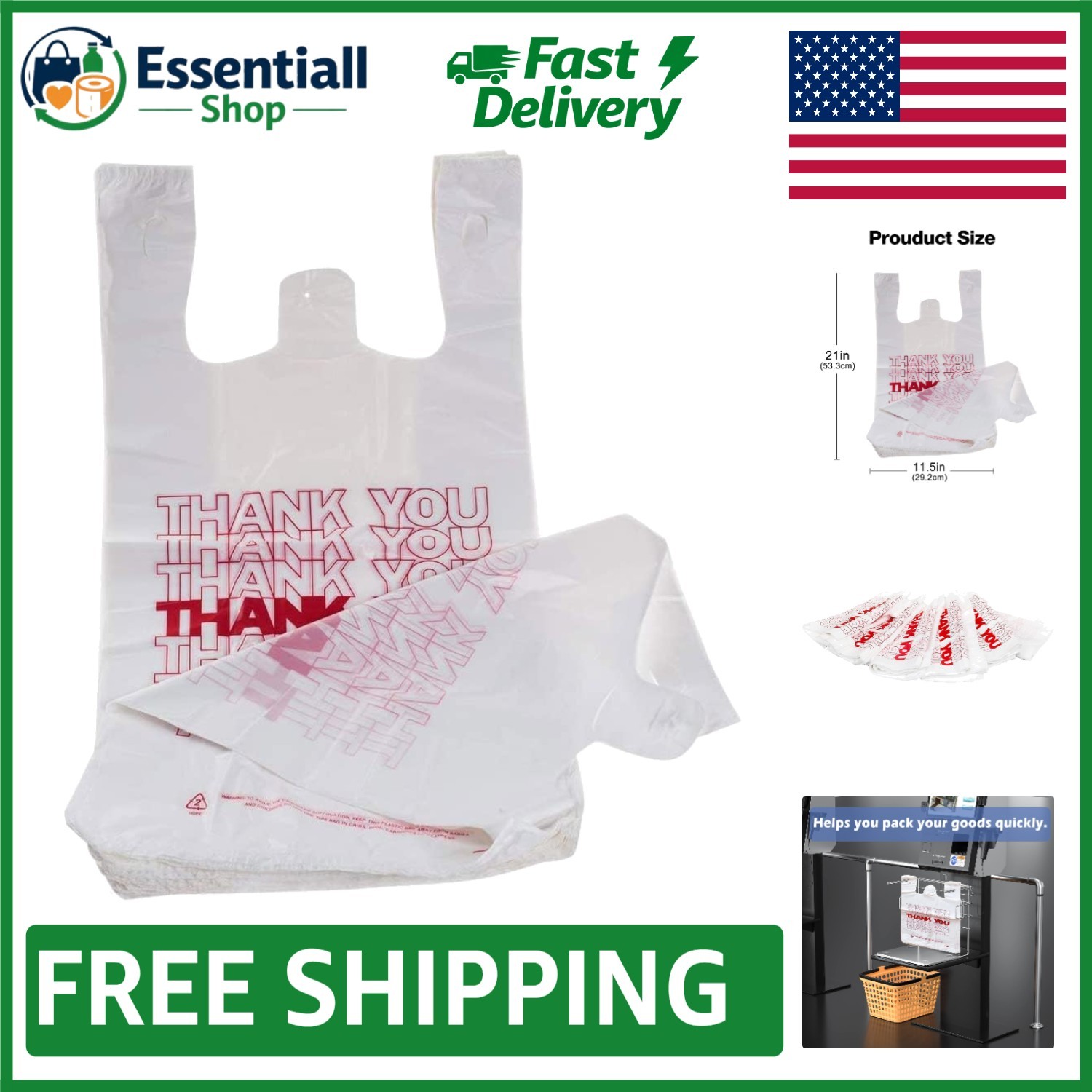 100 Count Thank You Shopping Bags – 11.5″ x 6.25″ | Durable White Plastic