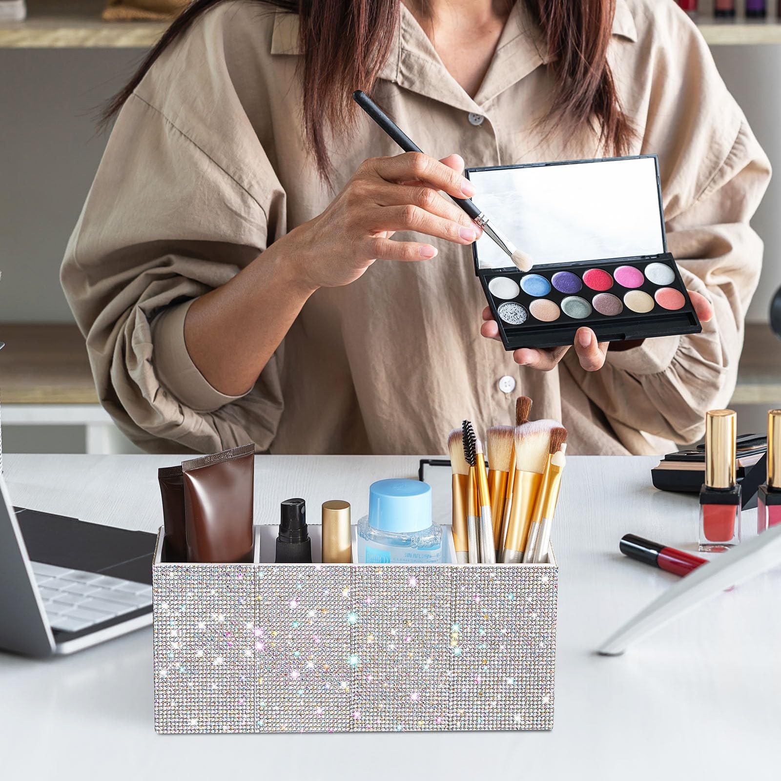 Bling Desk Organizer for Women, Rhinestone Pen Makeup Brush Holder, Girly Des…